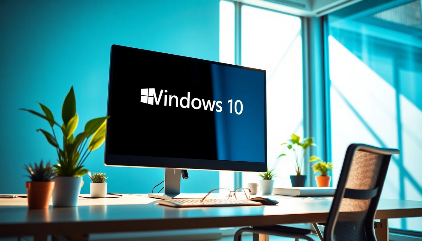 Show a modern workspace with a computer running Windows 10, emphasizing productivity and innovation.