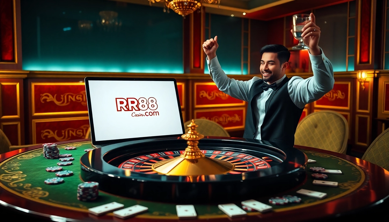 Experience the excitement of RR88 com with a luxurious online casino atmosphere filled with poker chips and vibrant cards.