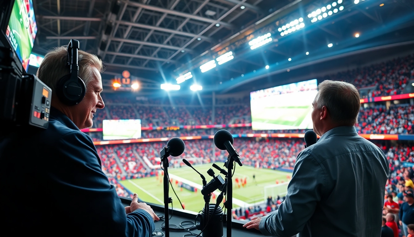 Engaging sports broadcasting scene with a passionate announcer in a vibrant stadium.