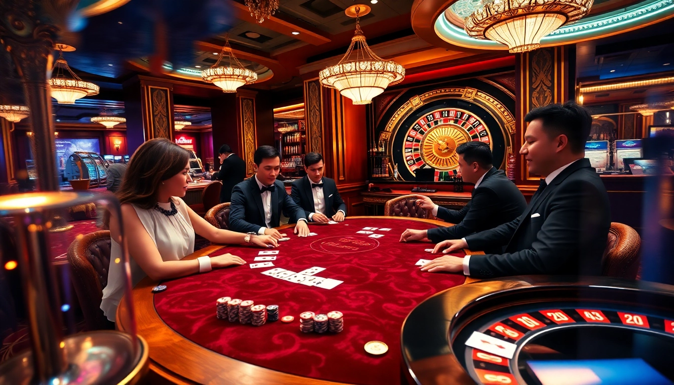Excited players enjoying a GG88 poker game at a luxurious casino table.
