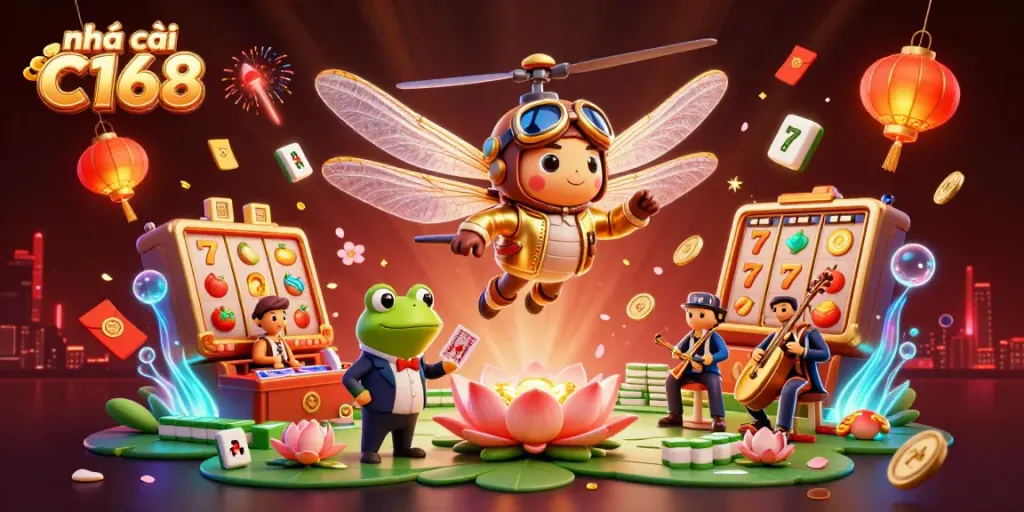 Experience thrilling gaming at nhà cái C168 with an engaging dragonfly pilot, frog croupier, and jazz musicians.