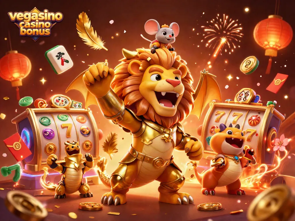 Experience the thrill of the vegasino casino bonus with vibrant slot reels and festive elements.