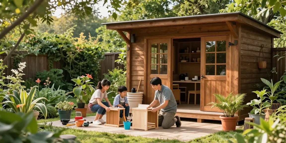 Holz Gartenhaus im Garten mit Familie beim Möbelaufbau und Pflanzenpflege