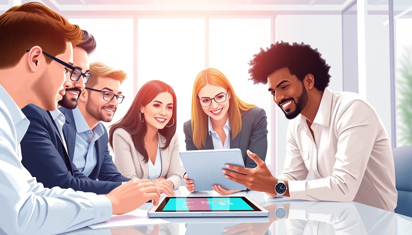 Unternehmensberatung: Business consultants collaborating in a modern office setting with digital tools.