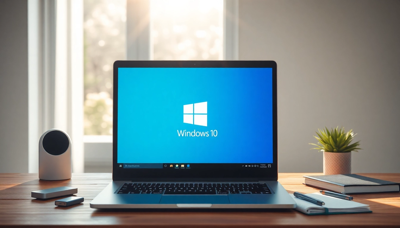 Windows 10 herunterladen auf einem Laptop, der das Windows 10-Logo zeigt und eine produktive Umgebung schafft.