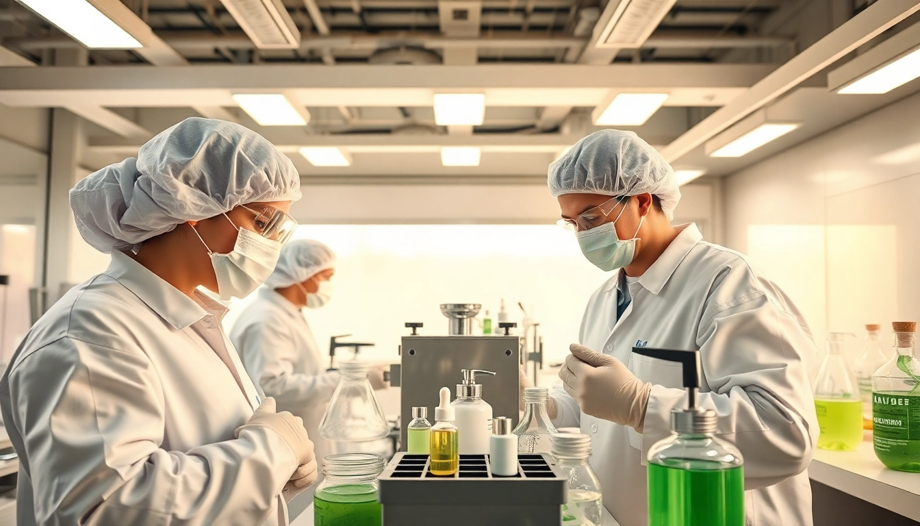 Kosmetikhersteller Deutschland zeigt modernes Labor mit Fachkräften, die hochwertige Produkte herstellen.