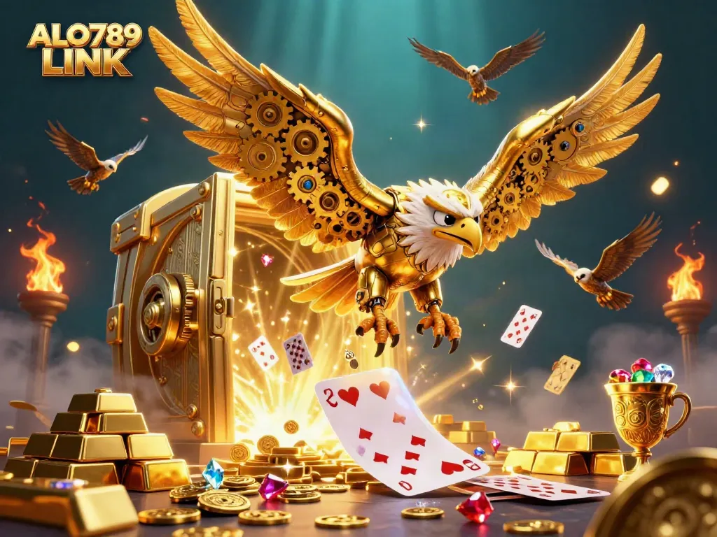 Experience thrilling gameplay and bonuses at ALO789 LINK with this vibrant 3D illustration of a cybernetic eagle.