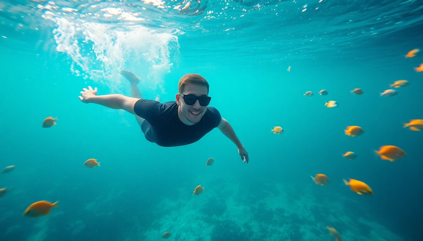 Tauchen in Playa del Carmen: Taucher schwimmt durch lebhafte Korallenriffe unter Wasser.