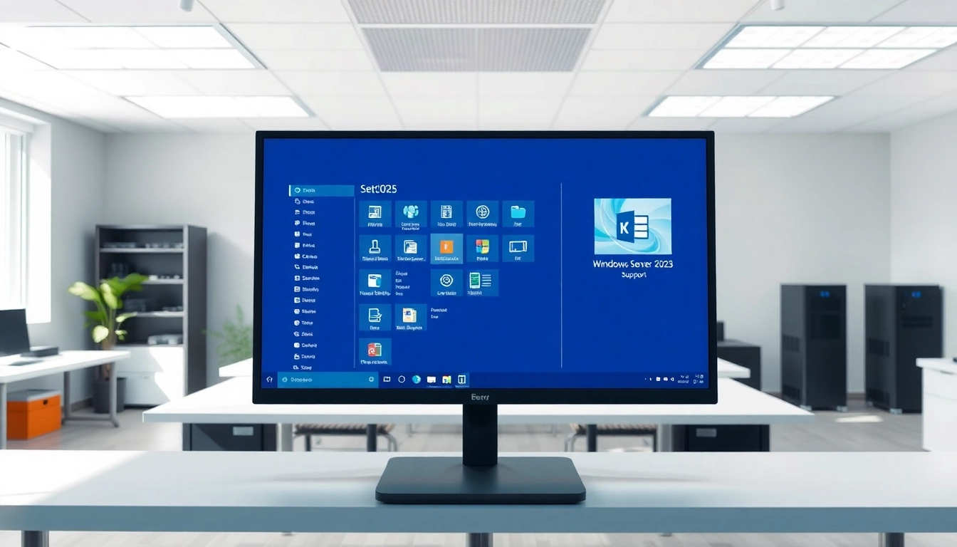 Das hochwertige IT-Büro präsentiert die Windows Server 2025 Lizenz mit Support auf einem modernen Bildschirm.