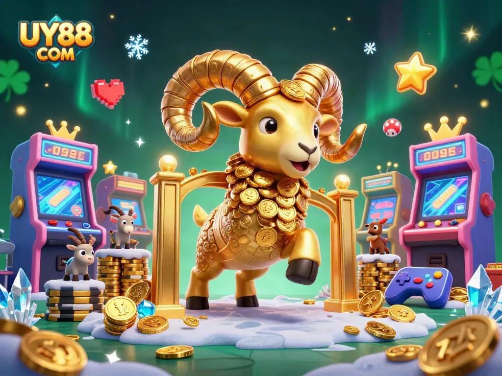 Experience thrilling gaming with UY88 COM amid vibrant 3D casino elements and golden ram.