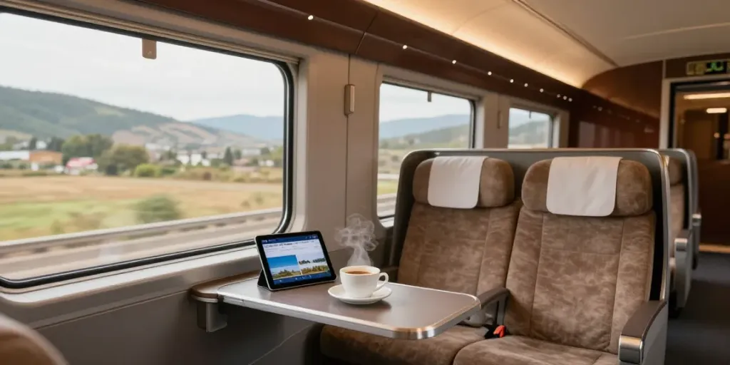 Zugtickets 1. Klasse in einem luxuriösen Zugabteil mit entspannter Atmosphäre.