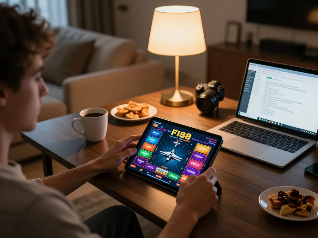 Engaging gameplay on the F168 online casino app in a cozy home setting with snacks and strategy notes.