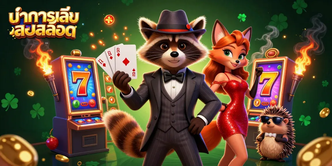 Engage with ทดลองเล่นสล็อต through vibrant slot games, featuring a charming raccoon and fox in a casino setting.