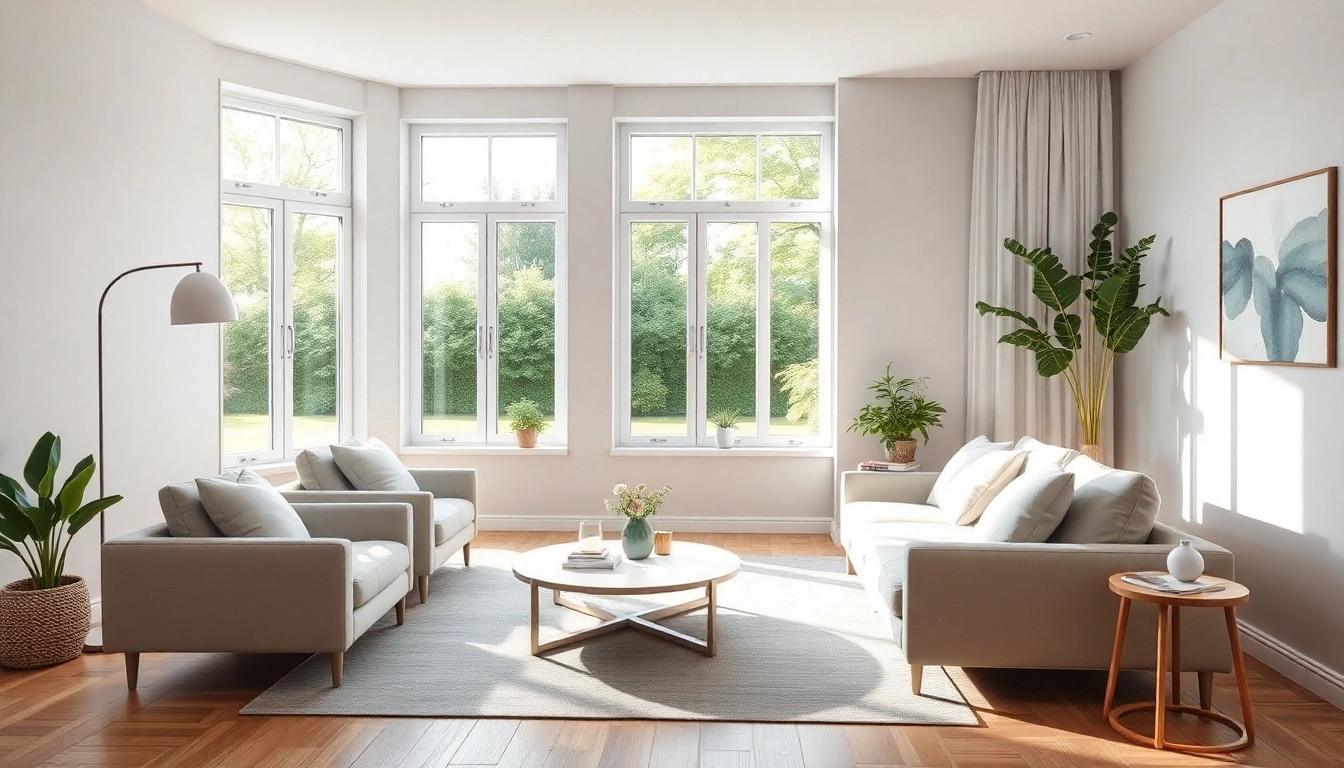 Raumgestaltung eines modernen, lichtdurchfluteten Wohnzimmers mit harmonischen Farben und minimalistischem Design.