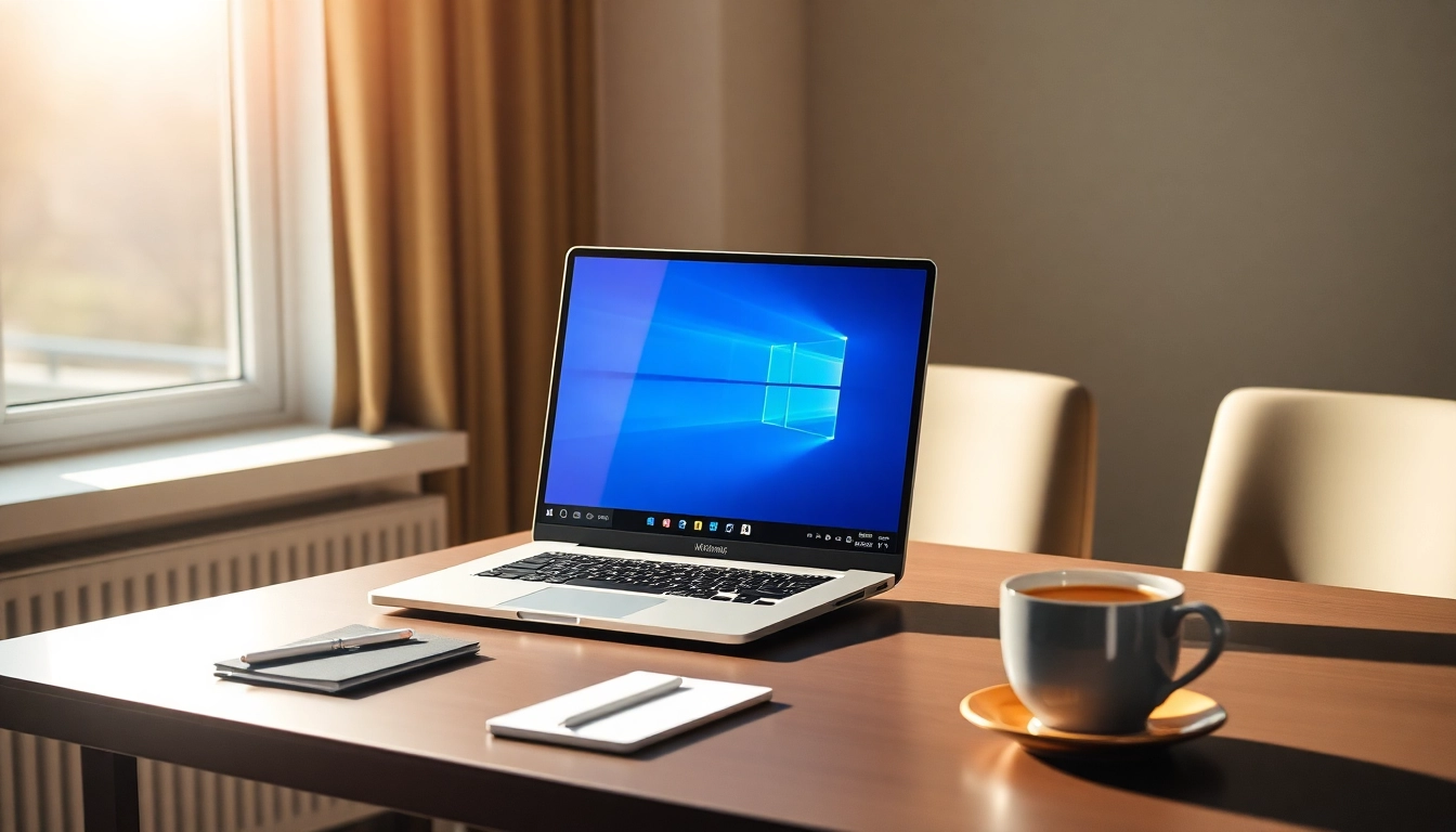 Vereinfachen Sie Ihren Win 10 Download mit einem modernen Laptop auf einem eleganten Schreibtisch.