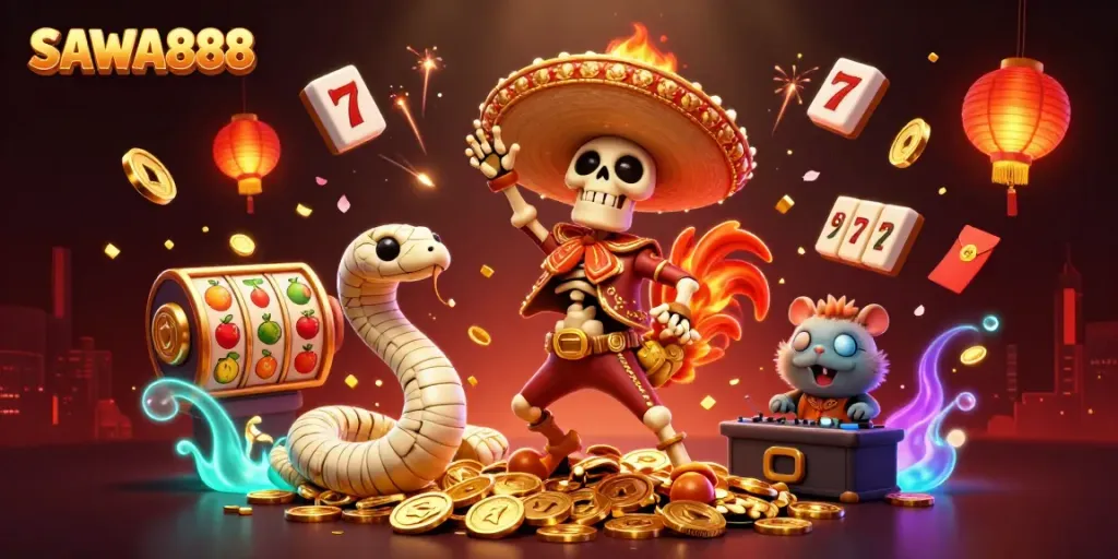 Experience the excitement of SAWA888 with a vibrant 3D illustration featuring lively characters celebrating on piles of winning casino elements.