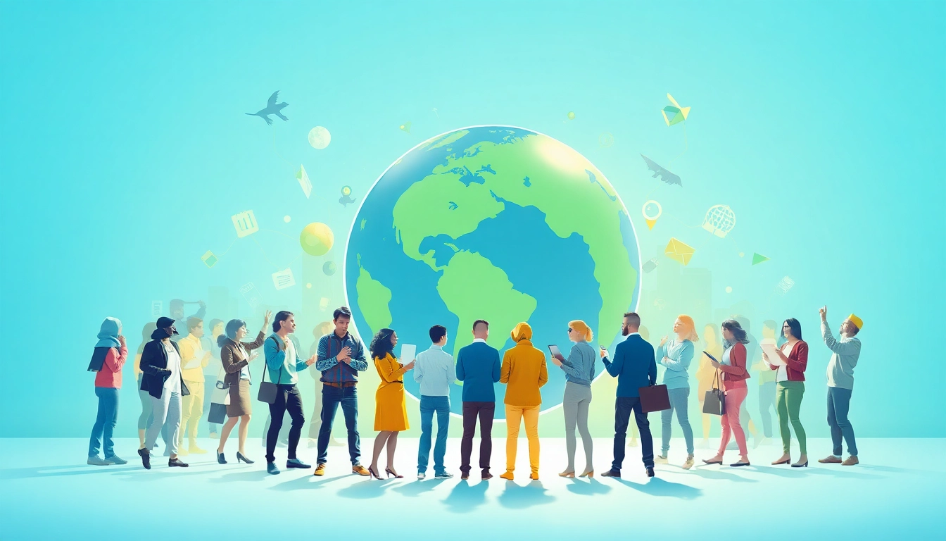 Interne Darstellung verschiedener Menschen, die internationale Nachrichten um einen Globus beeinflussen, symbolisieren interkulturelle Kommunikation.