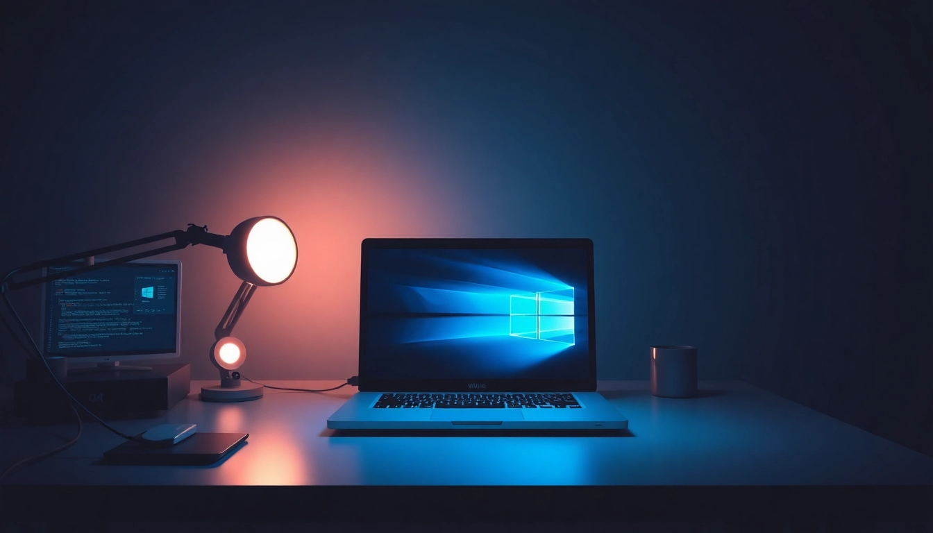 Windows 10 Download auf einem modernen Laptop mit inspirierender Atmosphäre.