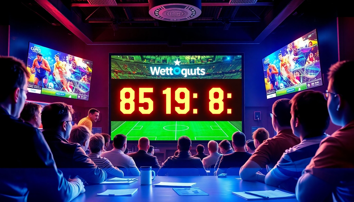 Erleben Sie die aufregende Welt der Sportwetten in einem modernen Wettbüro mit lebhaften Quoten und begeisterten Zuschauern.