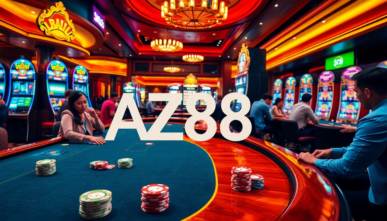 Players engaging at AZ88 casino tables with vibrant poker chips and lively slot machines.