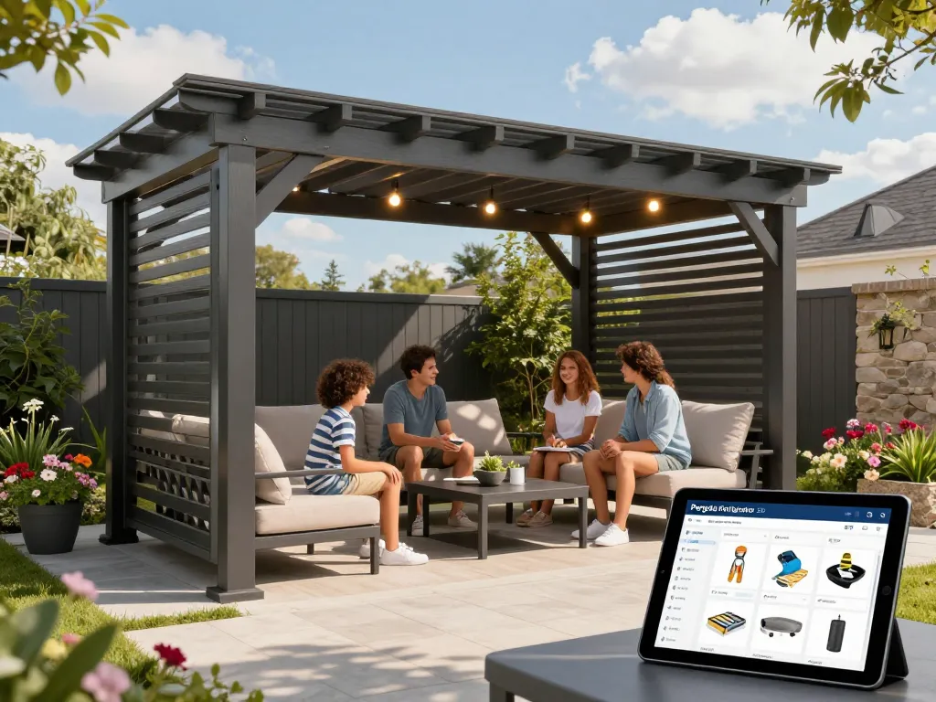 Familie, die ihren Garten unter einem maßgeschneiderten Pergola Konfigurator 3D genießt, mit interaktiven Designelementen in einem lebhaften Garten.