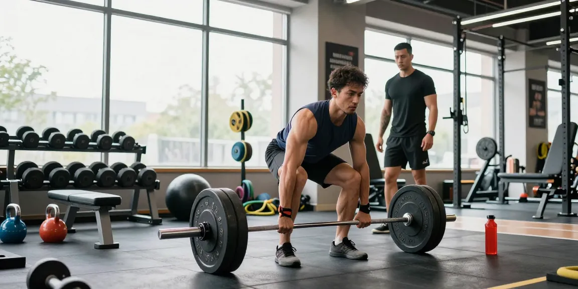 Kraftsportler hebt Gewichte im Fitnessstudio und präsentiert Steroidshop-Produkte für Muskelaufbau.