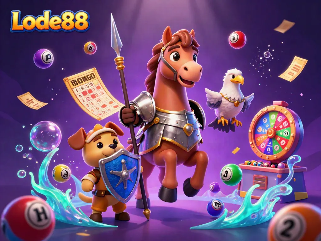 Experience the excitement of Lode88 with our charming cartoon knight and lottery-themed illustrations.