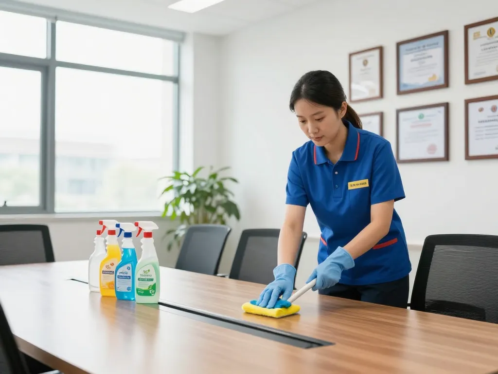 Büroreinigung – Münster & Umgebung zeigt einen professionellen Reiniger in einer Büroumgebung, der einen fleckenfreien und hygienischen Arbeitsplatz gewährleistet.