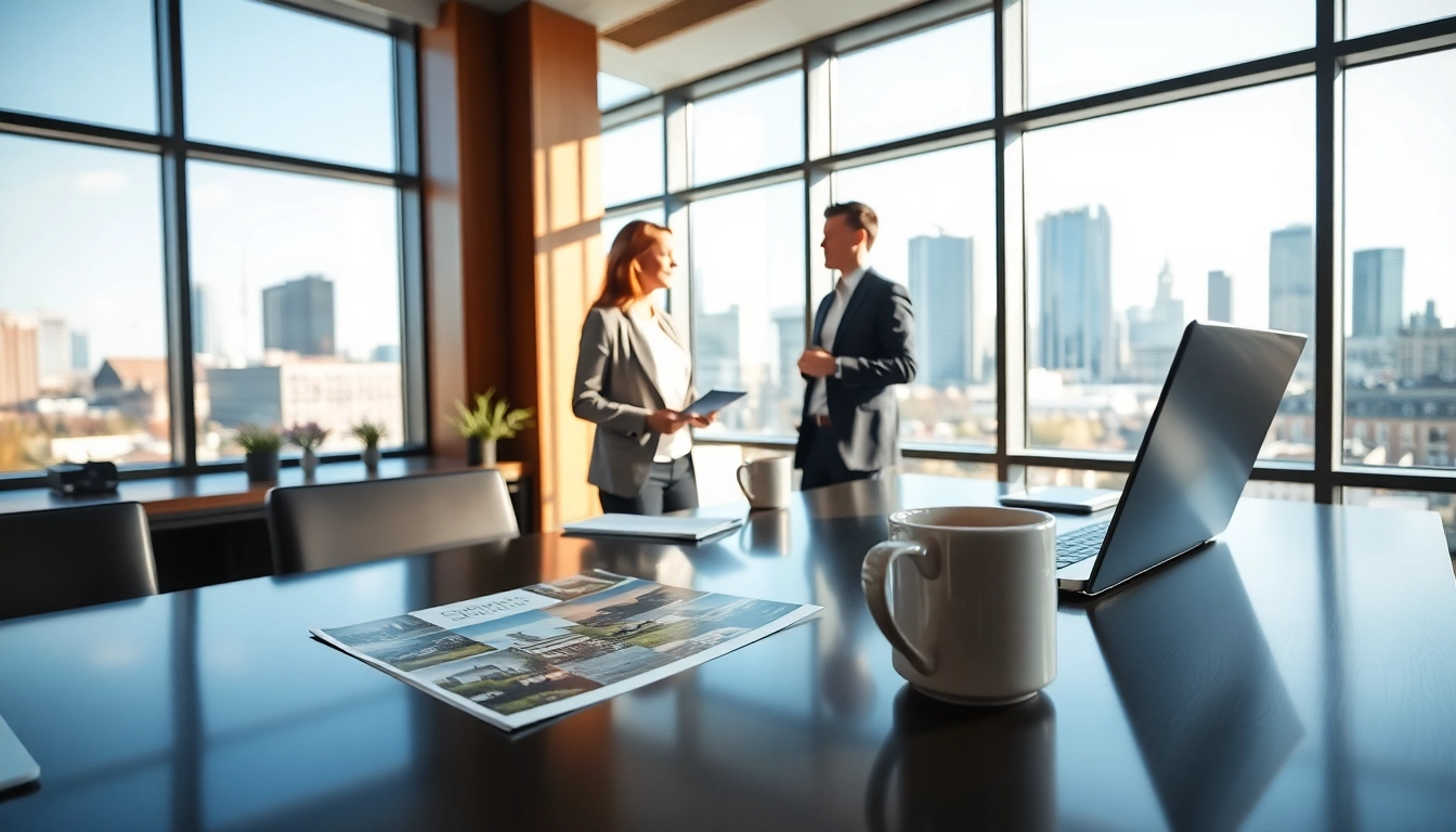 Immobilienmakler Frankfurt Riedberg berät Kunden in modernem Büro mit Stadtblick.
