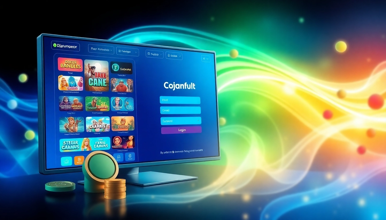 Djarumgacor online gaming platform interface surrounded by vibrant gaming icons.