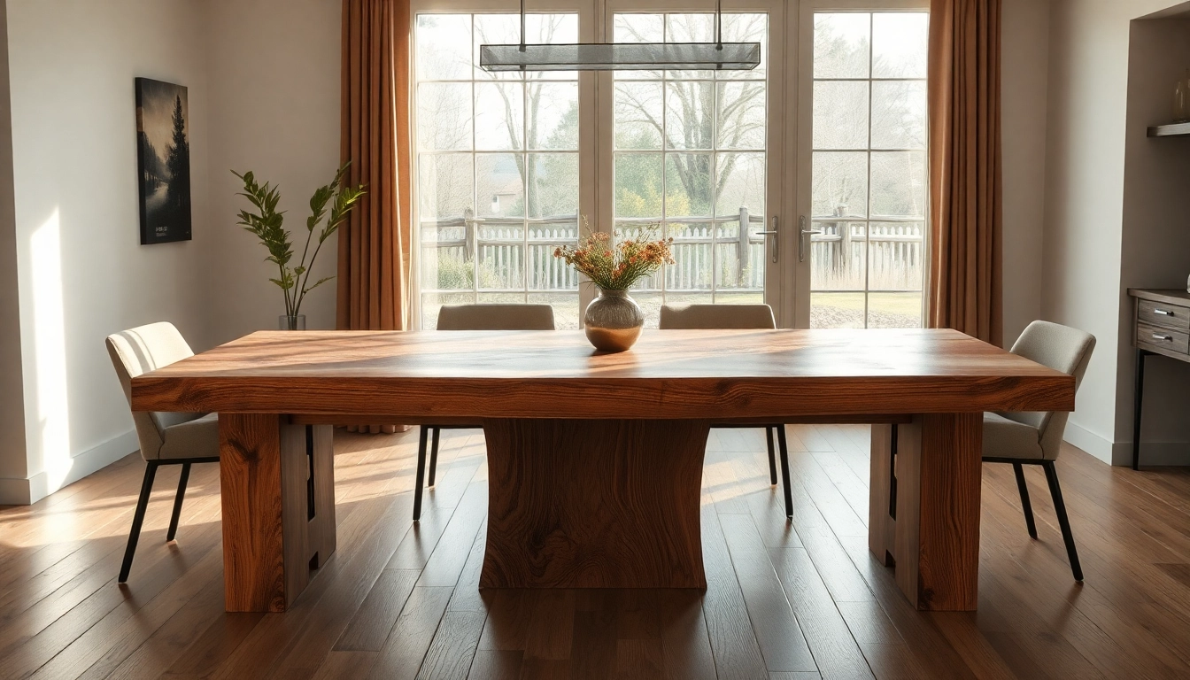 Schöner Esstisch Eiche mit Baumkante im modernen Esszimmer, warmes Licht und stilvolles Dekor.