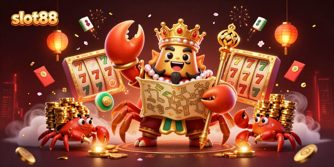 Spin the reels at slot88 with a 3D golden crab emperor and winning symbols surrounding it.