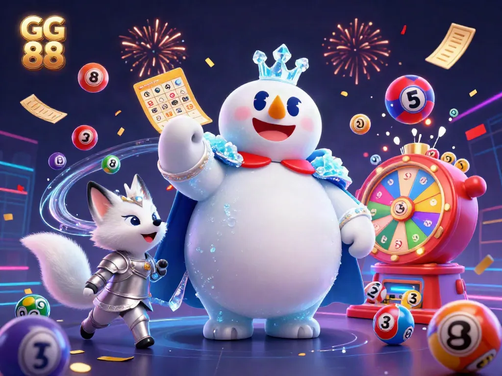 Experience the excitement of GG 88 with 3D characters amidst lottery balls and gaming elements.