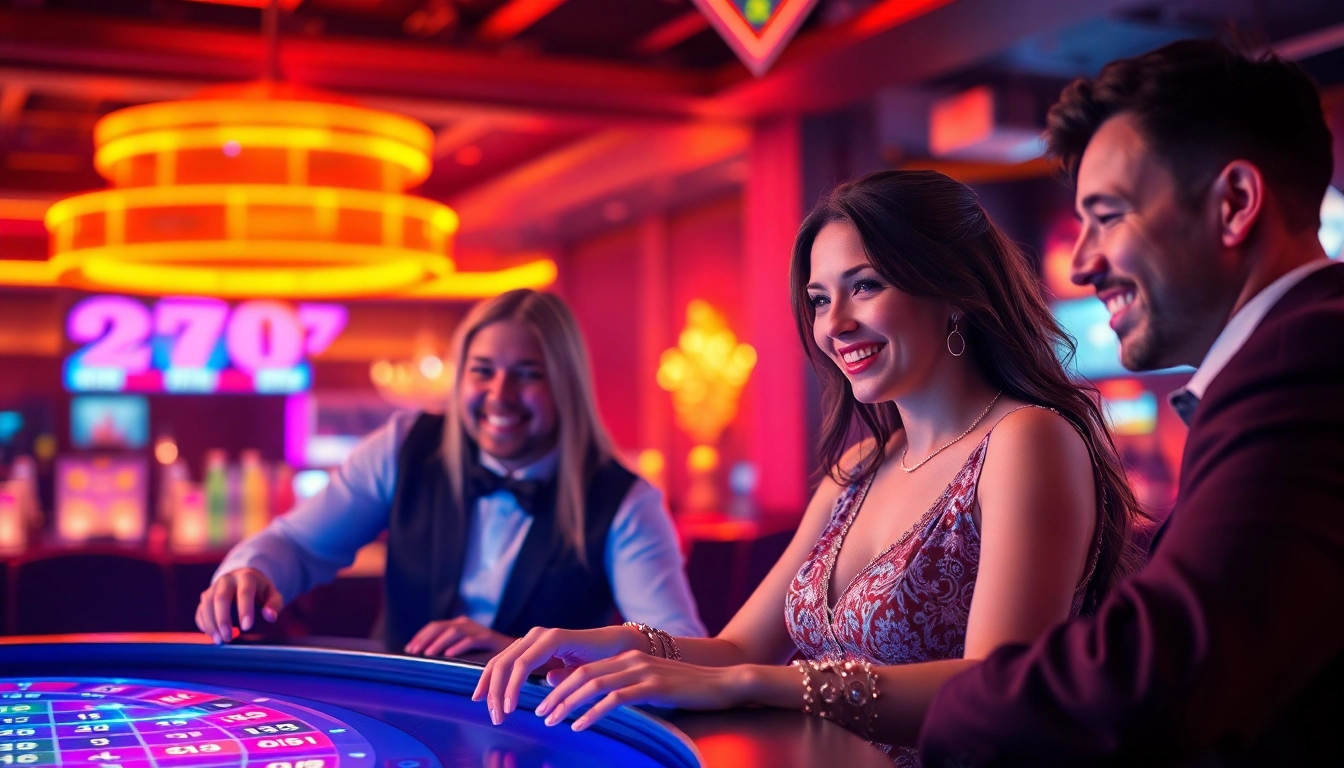 Spielen Sie Casino online mit aufregenden Lichtern und fröhlichen Spielern in einer lebhaften Umgebung.