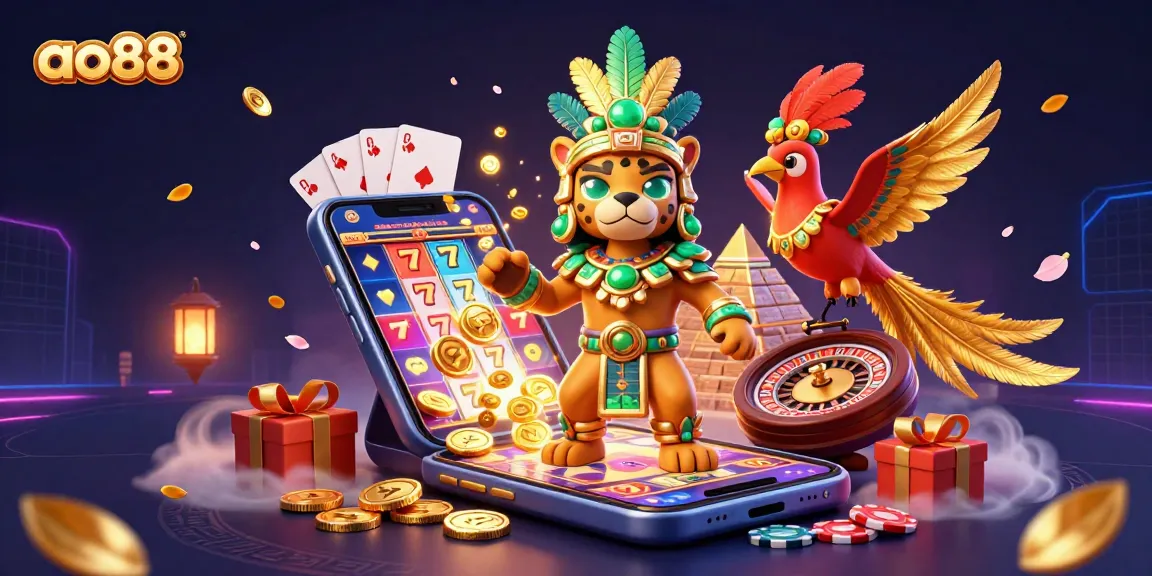 Experience thrilling gameplay with ao88 featuring vibrant slot games and a Mayan-themed casino scene.