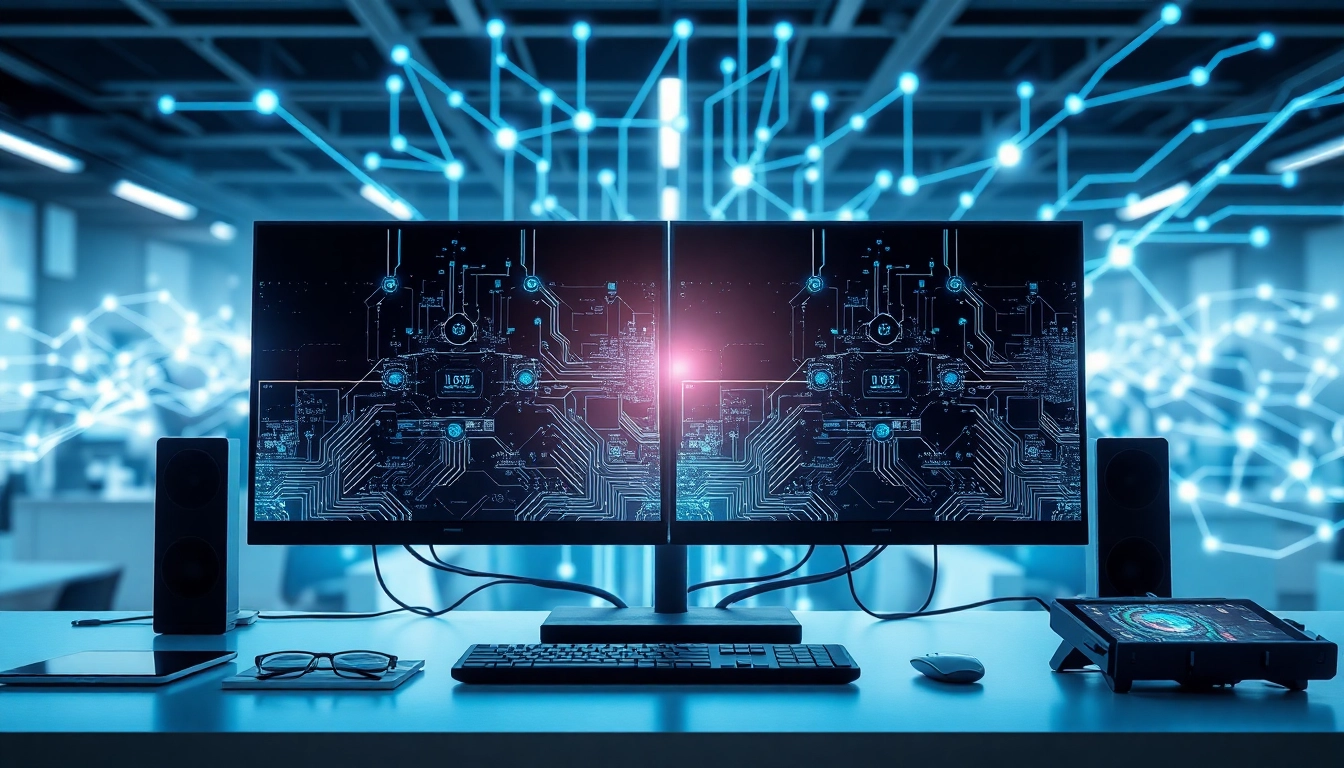 Technologie in einem modernen Workspace mit futuristischem Computer Setup und digitaler Schnittstelle.