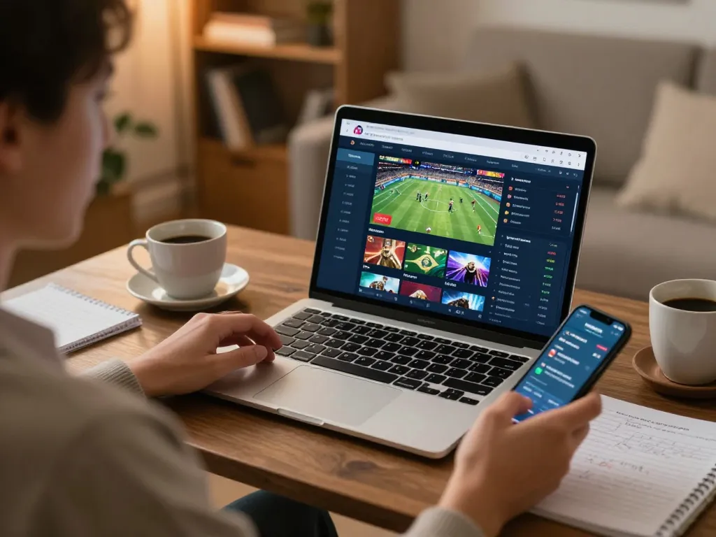 Engaging online sports betting scene featuring soi kèo strategies and live updates in a cozy home office