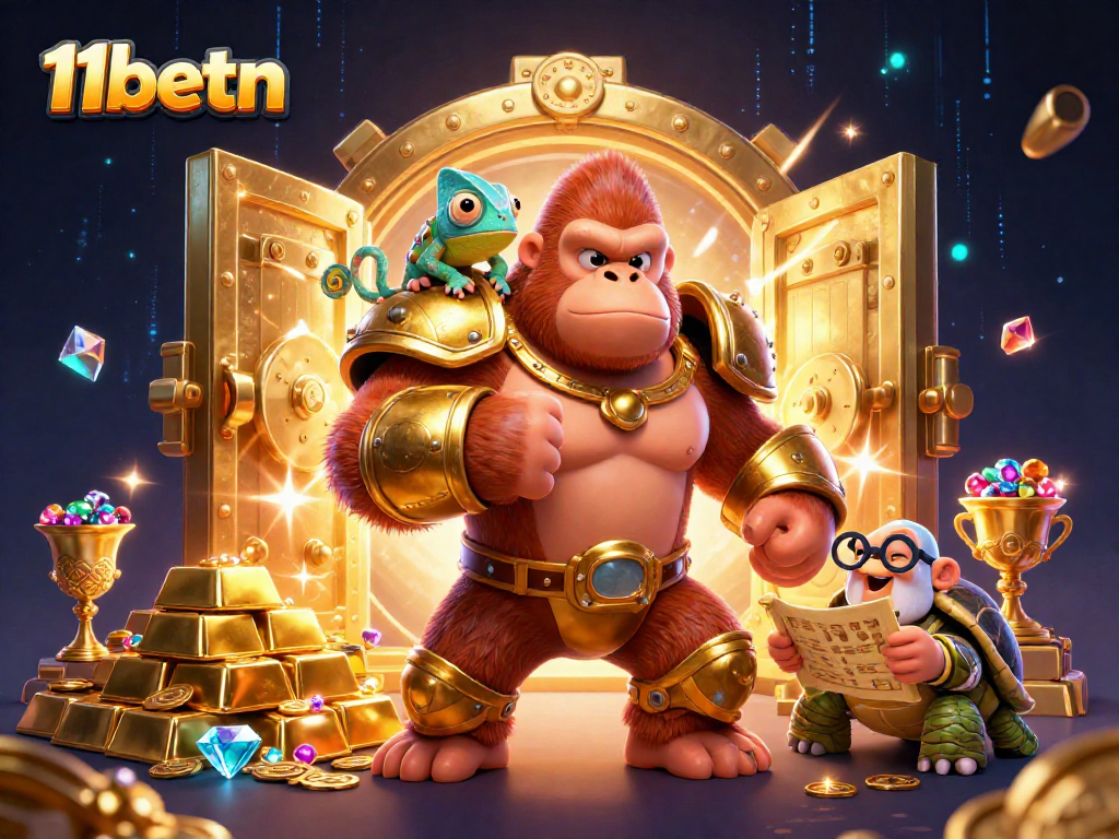 Engage with 11betn's thrilling experience as a gorilla king, chameleon, and tortoise explore a treasure-filled gambling world.