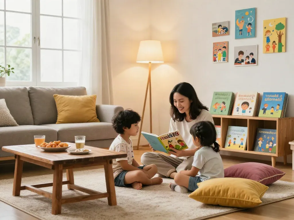 Children enjoying storytime with illustrated books from ROKOK88 alternatif in a cozy living room.