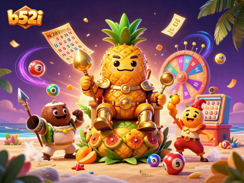 Engage in energetic b52i casino action with vibrant characters and themed elements around a beach scene.