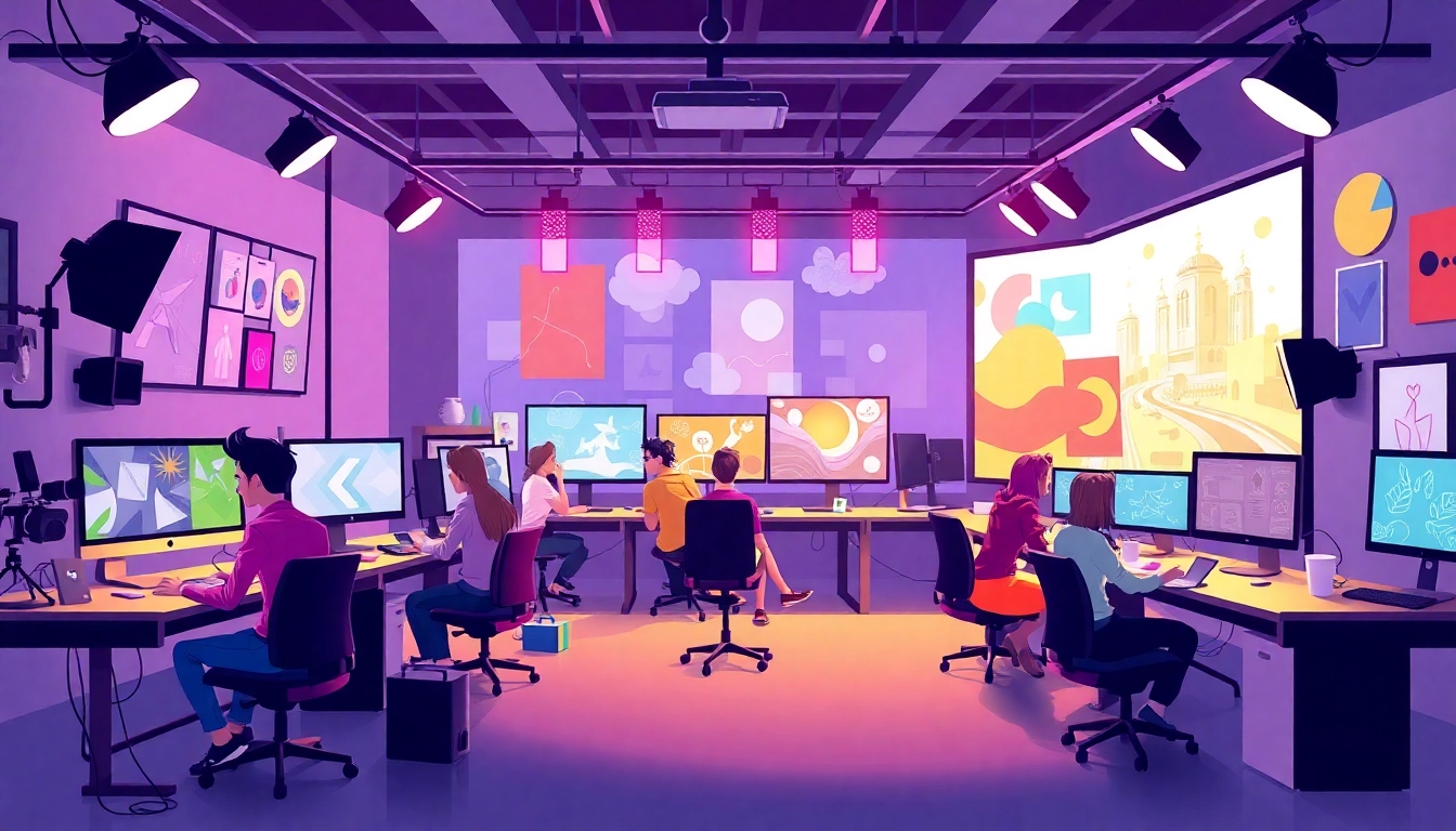 Animation Agency showcasing a lively workspace with animators creating vibrant designs.