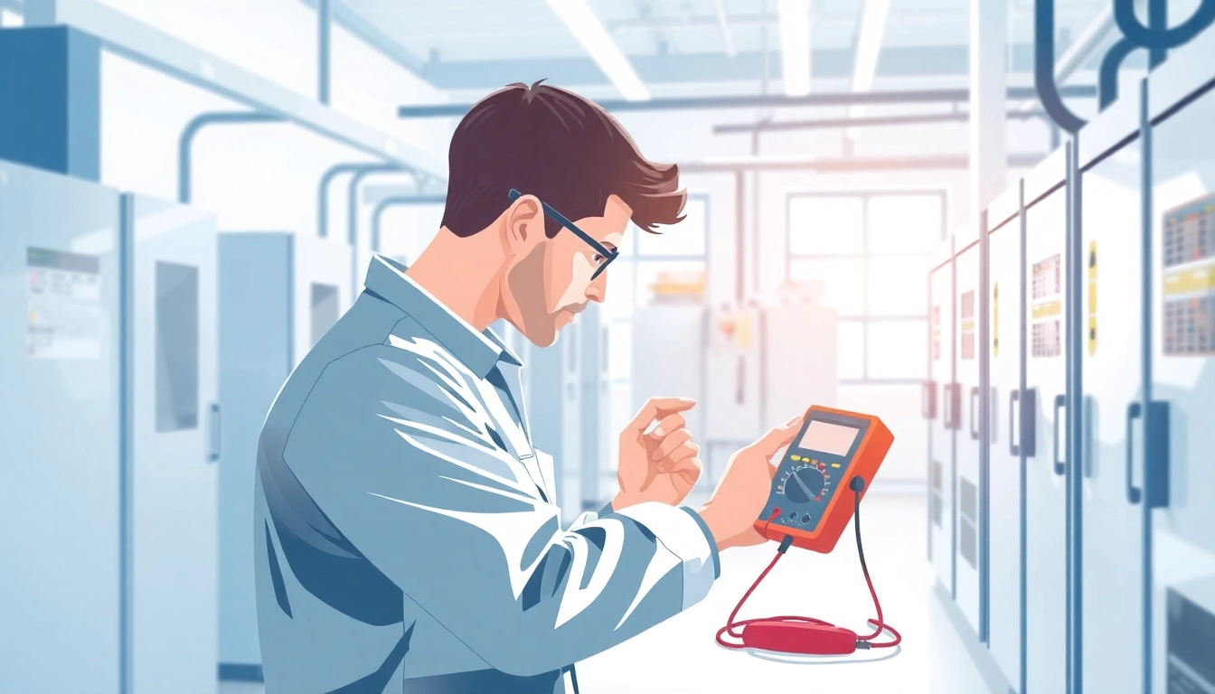 Technician performing a DGUV V3 Prüfung on electrical equipment, illustrating safety and compliance.