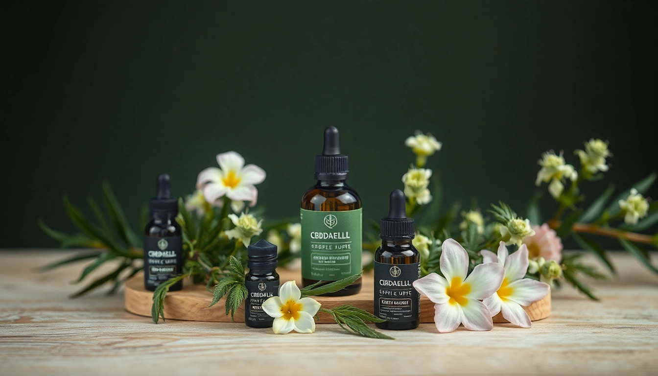 CBD Produkte in schöner Präsentation, betont die beruhigende Wirkung von Cannabidiol auf natürliche Weise.