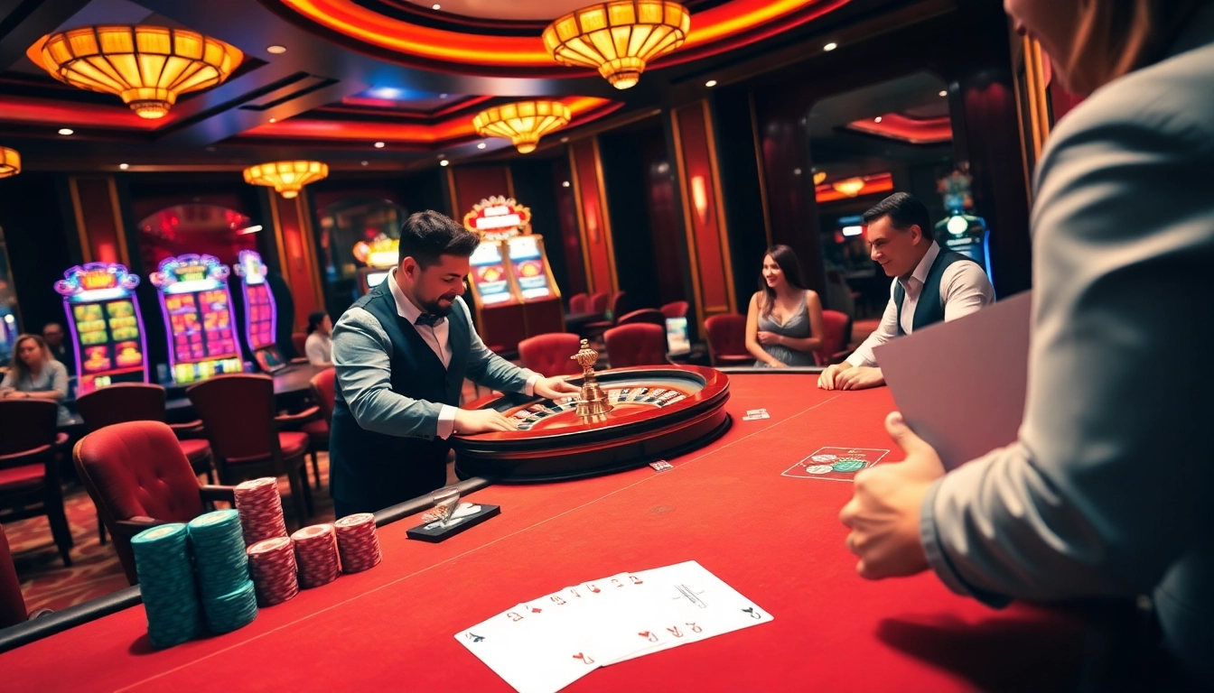 Enjoying a thrilling game session at https://bong99.pro/ with lively dealers and poker chips.