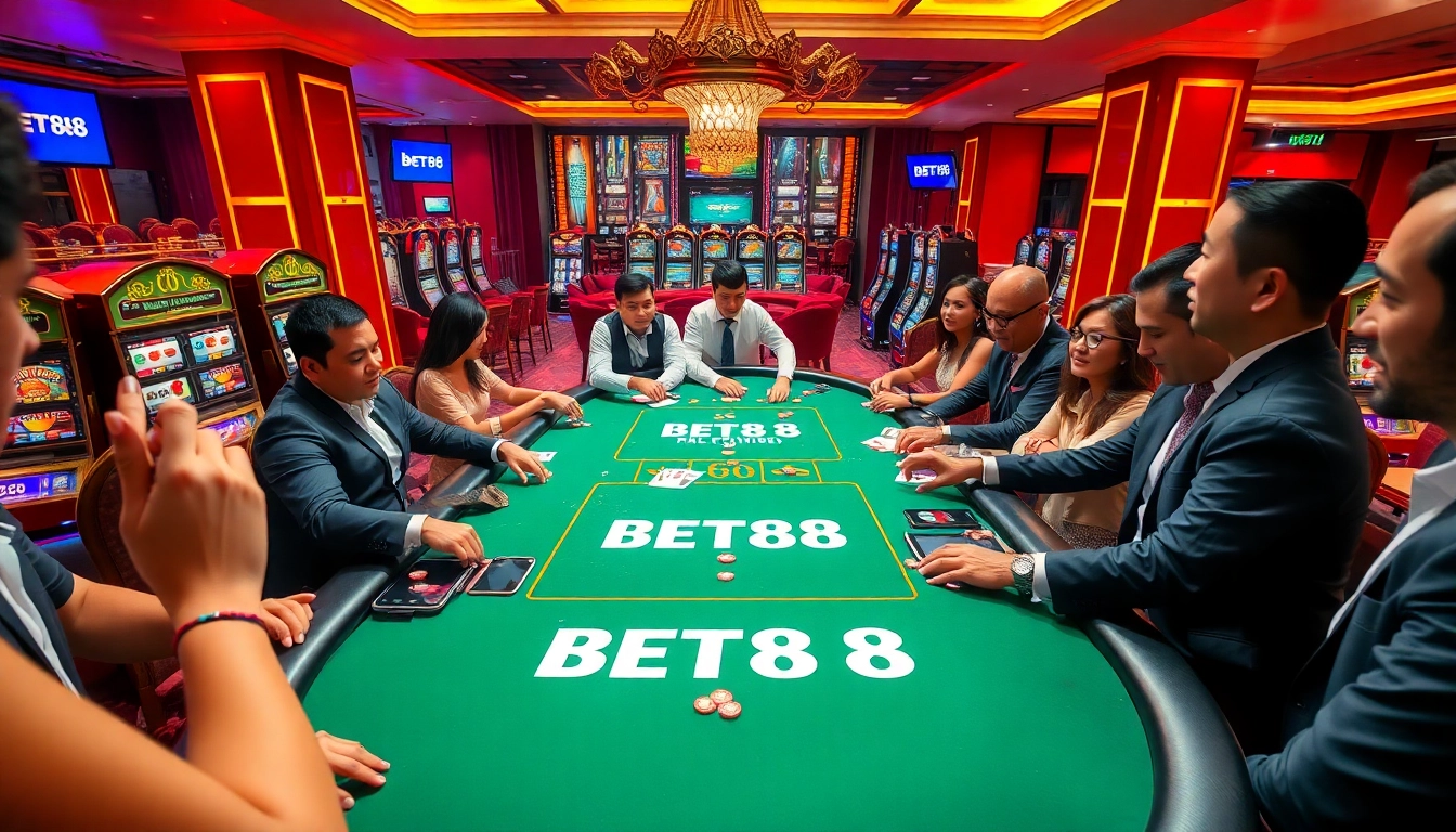 Engaging poker action at the BET88 casino table with vibrant lights and excited players.