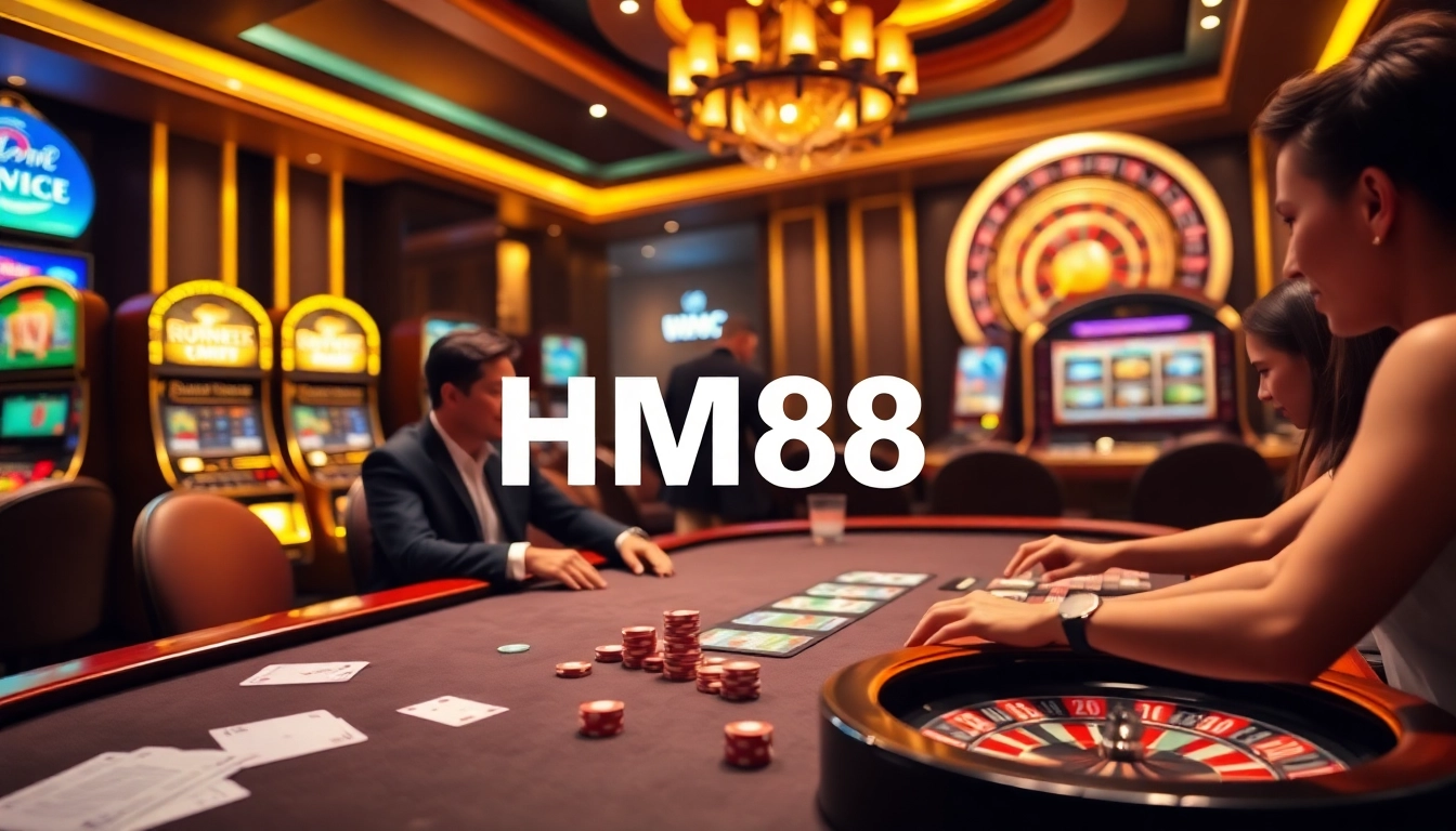 Players enjoying poker at HM88 casino, showcasing excitement and luxury in the gambling experience.