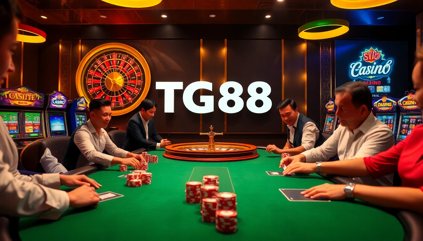 Experience the excitement at TG88 casino with a high-stakes poker table and vibrant slots.