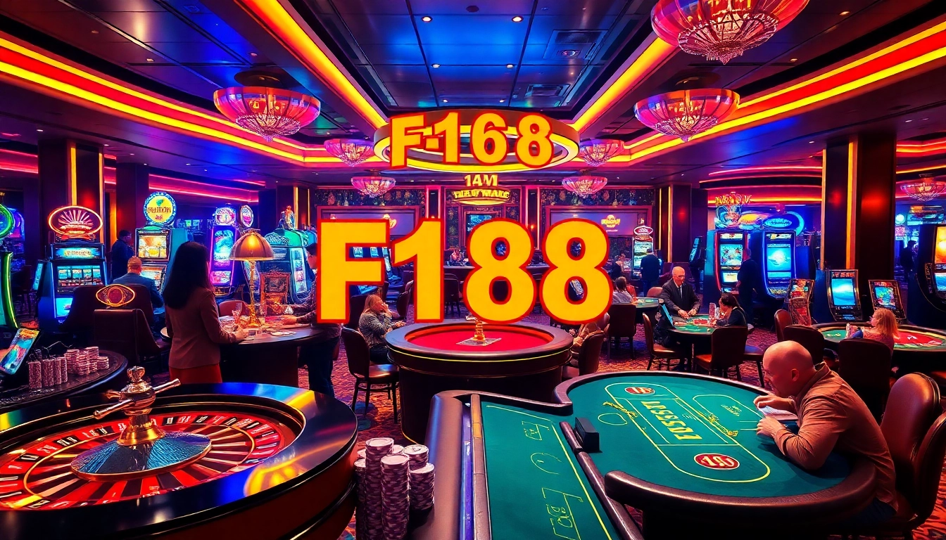 Players celebrating a win at F168's vibrant casino, featuring roulette and slot games.