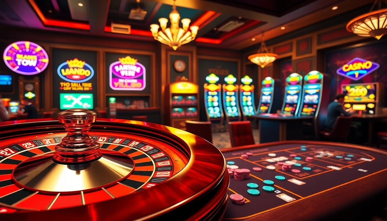 VM88 casino scene showcasing thrilling roulette and poker table action highlighting excitement and luxury.
