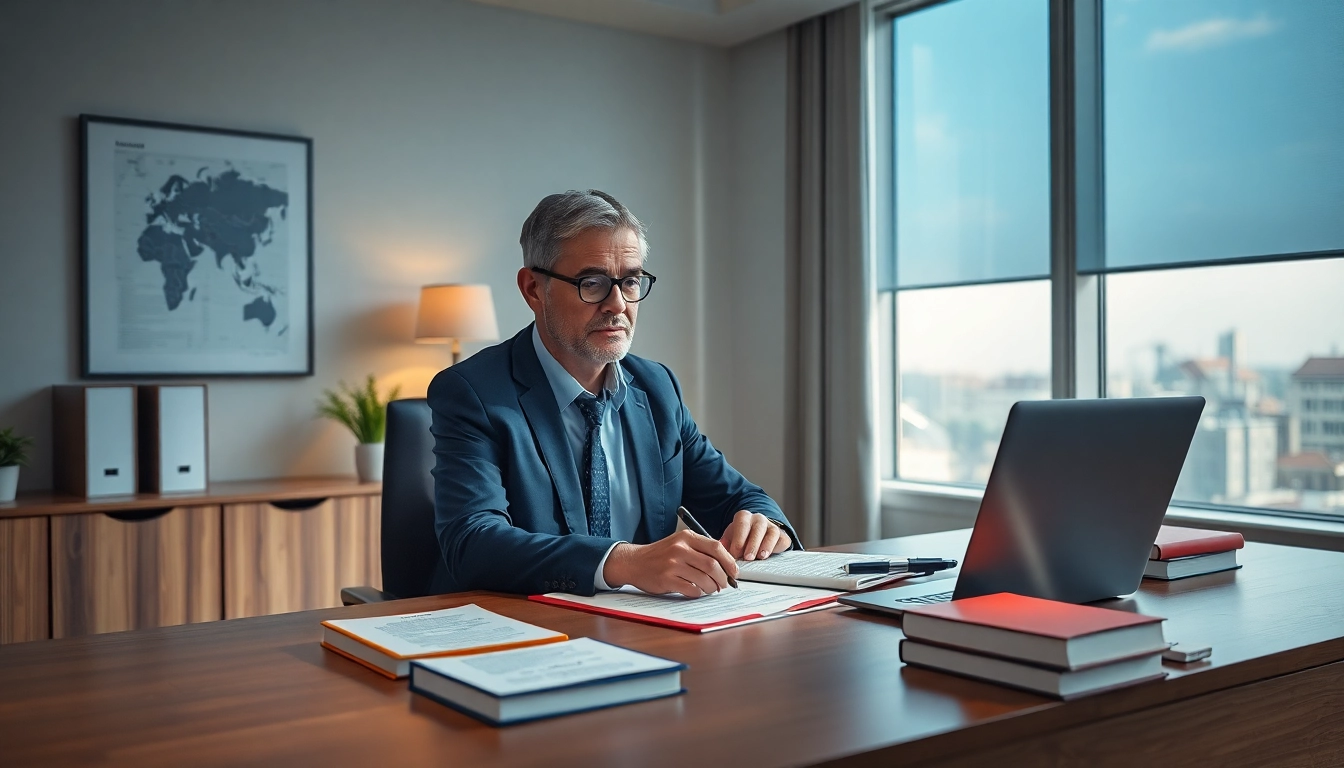 Professioneller beeidigter Übersetzer arbeitet mit Dokumenten in einer modernen Büroumgebung.